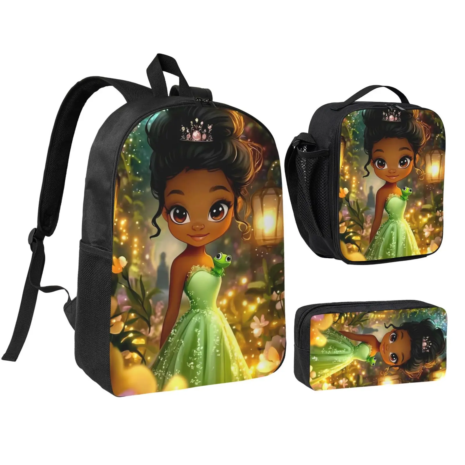 Unisex The Princess and The Frog Cute Print Polyester 3-Piece School Travel Set Pack, Waterproof Backpack with Lunchbox, Pencil Case & Adjustable Straps for Teens