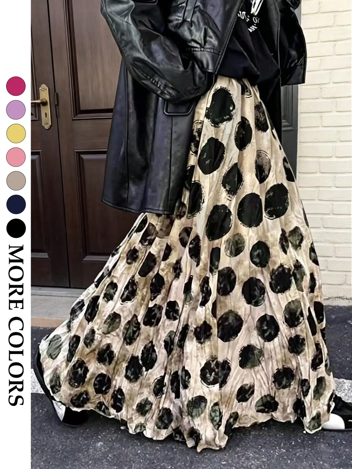 Women's Sweet Cool Style Ink Splatter Pattern Polka Dot Pleated Long Dress, High Waist A-Line Drape Half Skirt Bottoms, Casual Wear Everyday Commuter Fashion