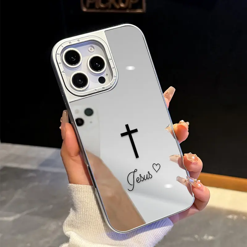 Luxury 2-in-1 Electroplated Mirror Silicone Phone Case for iPhone Series (17 Air,16,15,14,13,12 Pro Max Plus) - Cross Theme, High-Shine Silver Backplate, Shockproof Drop-Protection Mobile Accessories Cover