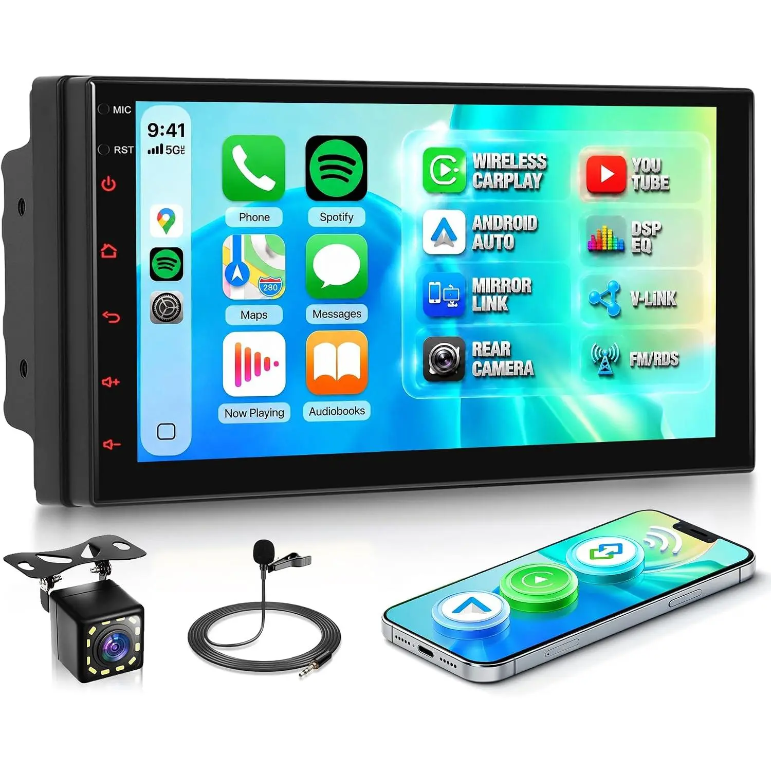 Rimoody 2-DIN Car Stereo with 7-Inch IPS Screen, Wireless CarPlay, Android Auto, YouTube, Vi-Link, Bluetooth Sync, FM/RDS, DSP, EQ, MirrorLink, USB, Steering Wheel Controls, Rearview Camera, In-Car Audio Support for Camping Essentials