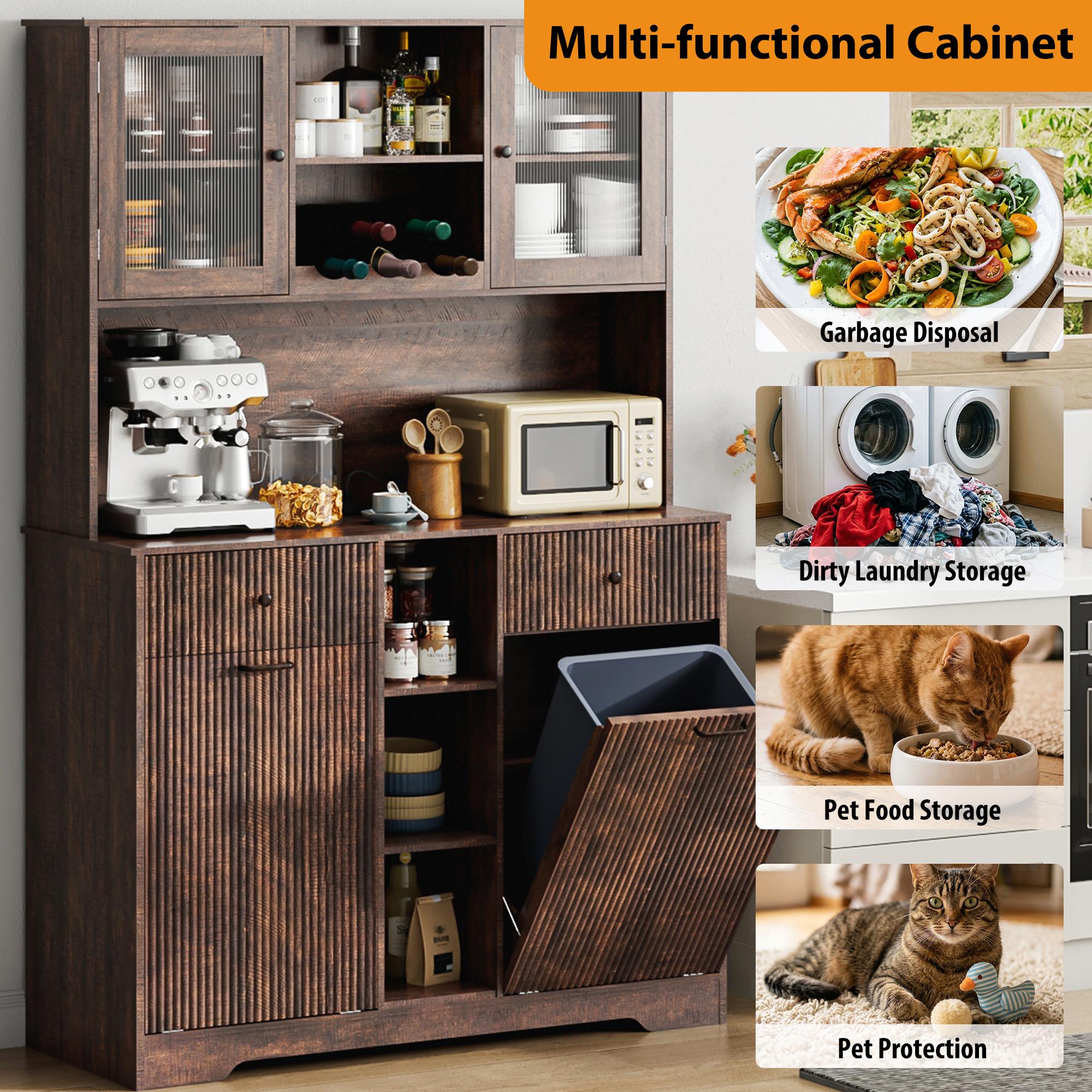 【2Packages Shipping】10×2 Gallon Double Tilt Out Garbage Can Hutch Cabinet with Two Drawers, 71'' Farmhouse Pantry Cabinet with Power Outlet, 47" Wide Pantry with Hidden Garbage Storage for Dining Room, White/Dark Brown