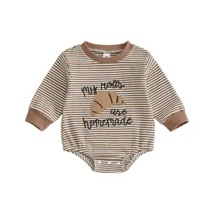 Infant Baby Boys Thanksgiving Romper Letter Croissant Embroidered Stripe Print Long Sleeve Jumpsuit Bodysuit 0-24 Months