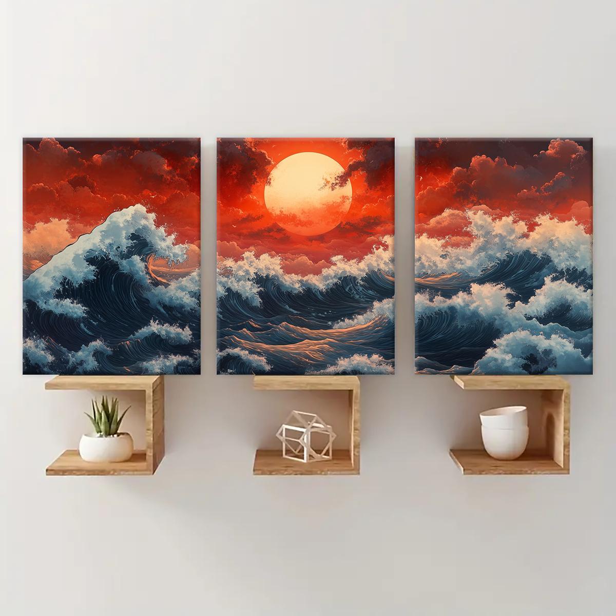 Wooden Framed Canvas Painting, Photo on Canvas, 3 Counts/set Ocean Wave Landscape Decoration, Natural Landscape Art, Perfect Living Room Decoration, Modern Art, Sunrise Print Pattern, Vibrant Print, Poster