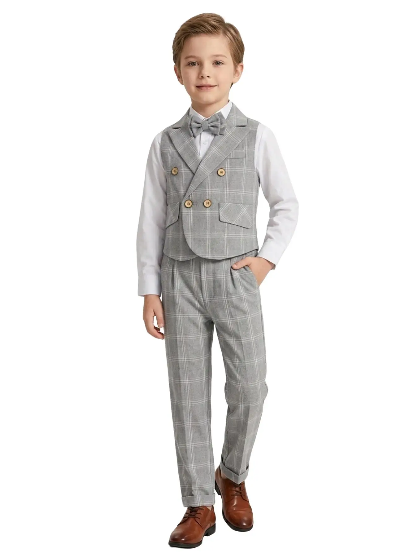 3 Piece Boys Junior Plaid Sleeveless Suit Set（Waistcoat+Vest+Trousers+Pants+Bow Tie）British Retro Gentleman Style Boys Birthday Party Outfit Wedding Pageant Wear Festival Formal Attire Outfits Set For Kids No Shirt Included Clothes Sets