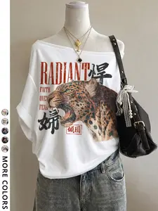 Women's Loose Fit Oversized Short Sleeve Off-Shoulder T-Shirt, Leopard Print, Casual Style, Y2K Design, Perfect for Outing and Shopping