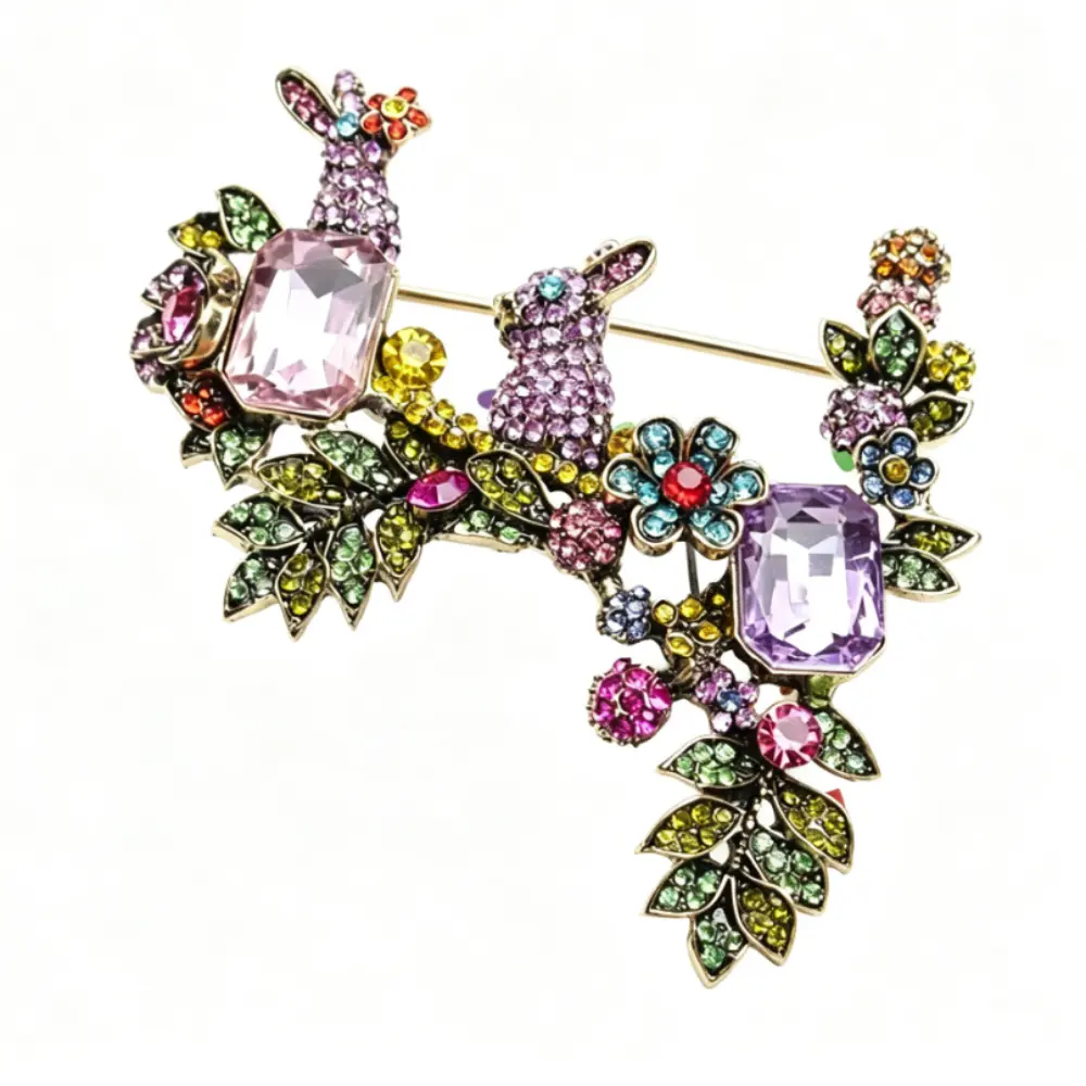 Unisex Vintage Sparkle Bunny Flower Brooch Multicolor Faux Gem Antique Alloy Pin