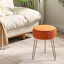 Velvet Round Footrest Stool Ottoman, Makeup Vanity Stool Side Table, Velvet Dressing Table Seat, Pouf Couch Stool, Golden Steel Legs, Orange Velvet Round Footrest Stool Ottoman, Makeup Vanity Stool Side Table, Velvet Dressing Table Seat, Pouf Couch Stool, Golden Steel Legs, Orange