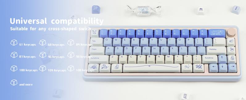 Blue White PBT Keycaps, MOA Profile, Custom Keyboard Keycap, Minimalist Style Dye Sub Keycaps, 130 Keys Anime Keycap Set for Cherry Gateron MX Switches Gaming Keyboard