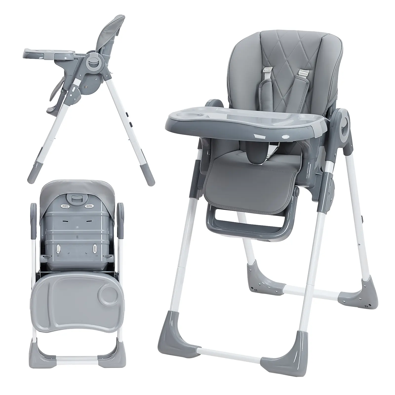 High Chair Collapsible Space Saving Feeding Chair, Adjustable Height & Recline, Removable Double Tray, Easy Clean PU Leather Seat, Grey Dark Gray