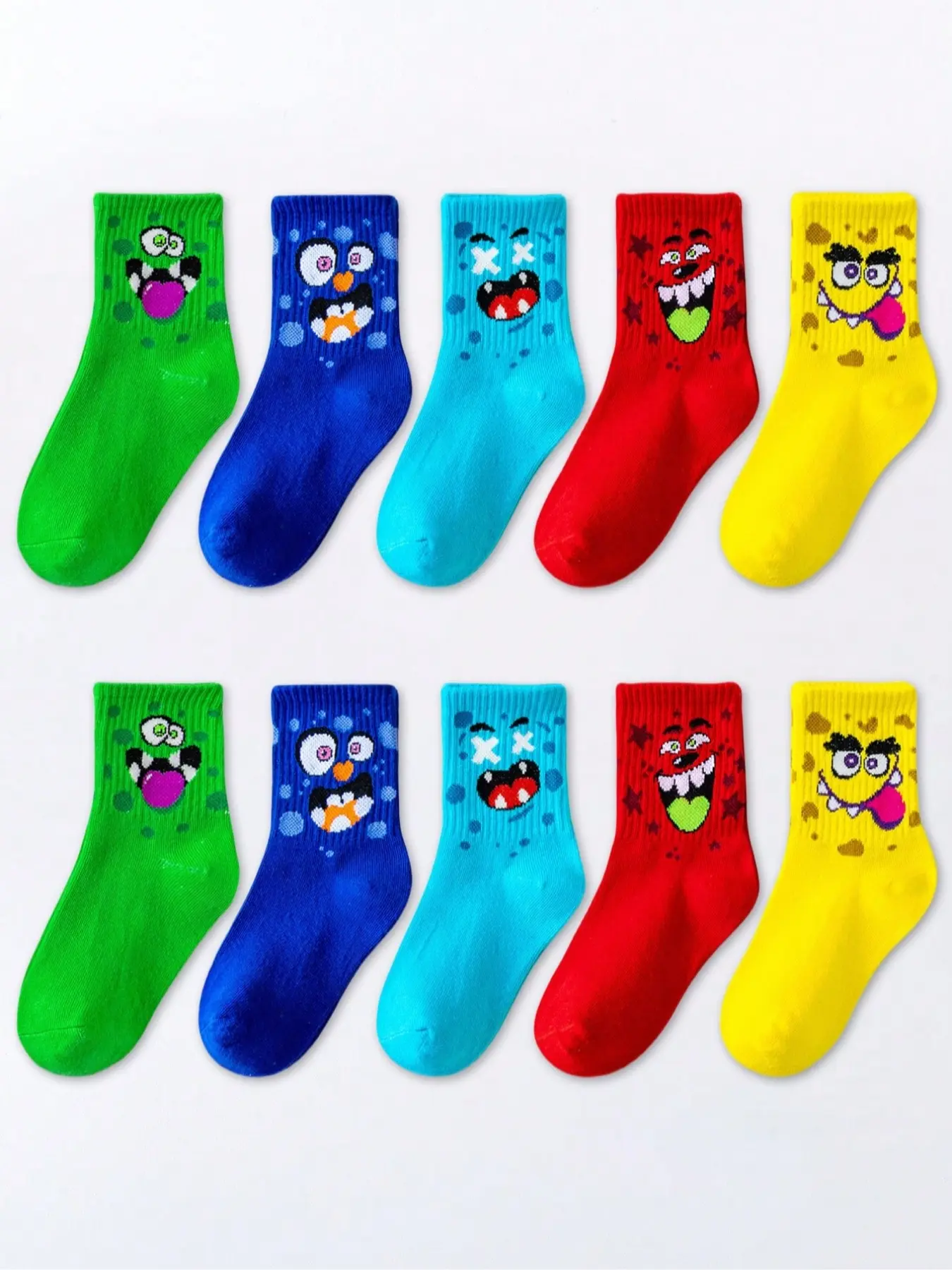 5 Pairs Kids Cartoon Themed Crew Socks, Cute Playful Animal Expressions, Soft Breathable Material Sports Socks for Boys & Girls, All Seasons Wear, Colorful Design, Casual Stylish Socks