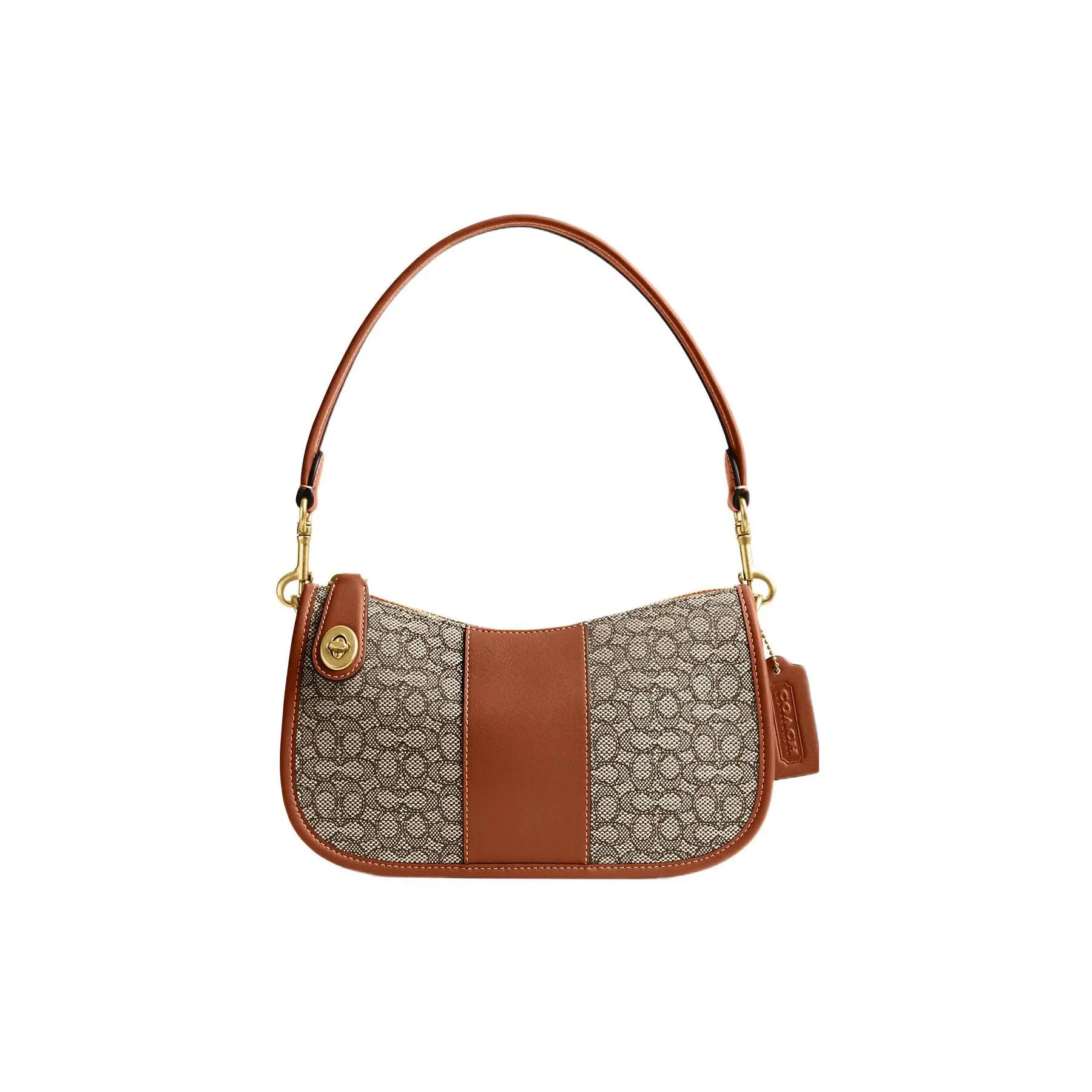 COACH Swinger 23 Logo-Embossed Classic Monogram Stripe Saddle Bag for Women, Tan and Gray Textured Leather