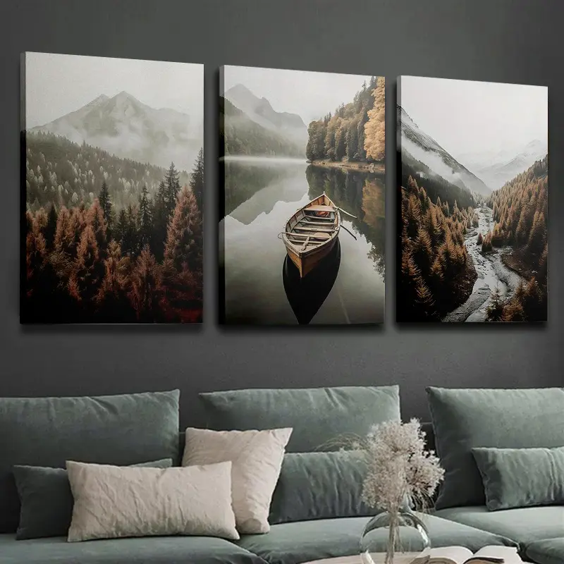 3-Piece Rural Farmhouse Mountain Forest Wrapped Canvas Wall Art Set - Autumn Nature Landscape Prints, Ready-To-Hang Gallery-Style Home Decor with Carnival, Plaid, Polka Dot, Houndstooth, Marble Accents, Rustic Housewarming Gift for Living Room, Bedroom, W