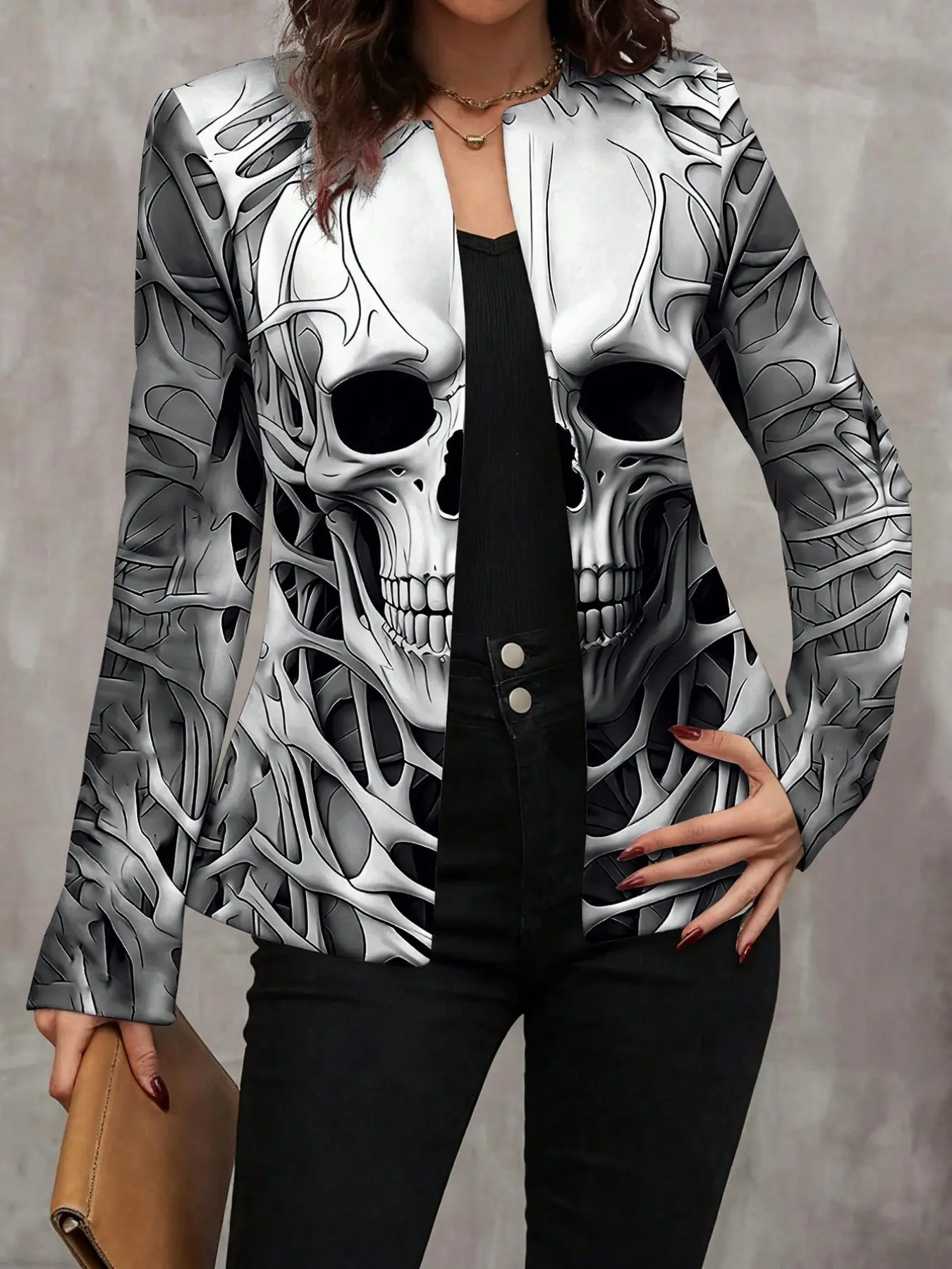 Plus Size Women's Casual Halloween Skeleton Print Open Front Cardigan, Trendy Long Sleeve Jacket for Daily Wear and Festive Occasions