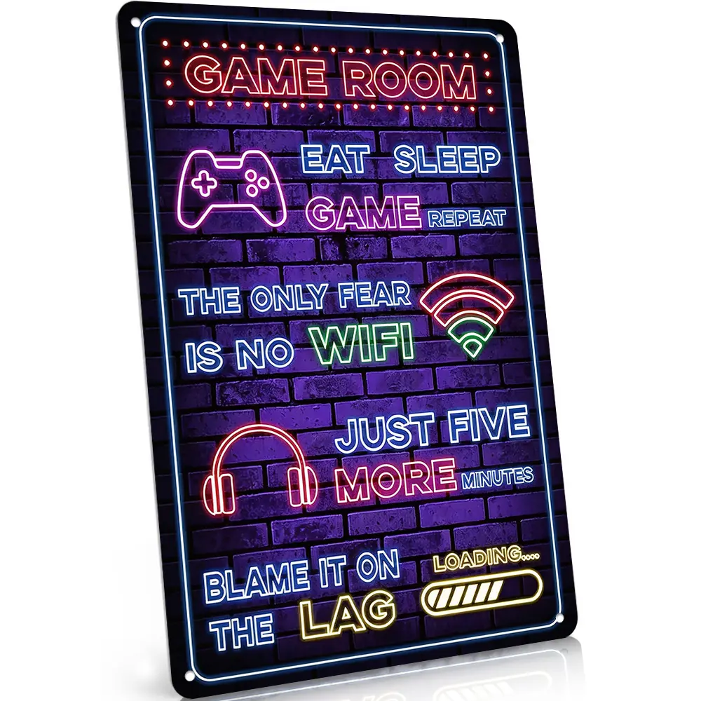 Game Room Neon Style Funny Gaming Quote Sign, 8"x12", Rust-Proof Aluminum Metal Sign, Flat, Gamer Cave Wall Decor, Video Game Humor Artwork, For Bedroom & Man Cave Display, Gamers & Streamers, Perfect Birthday Gift, Retro Neon Print