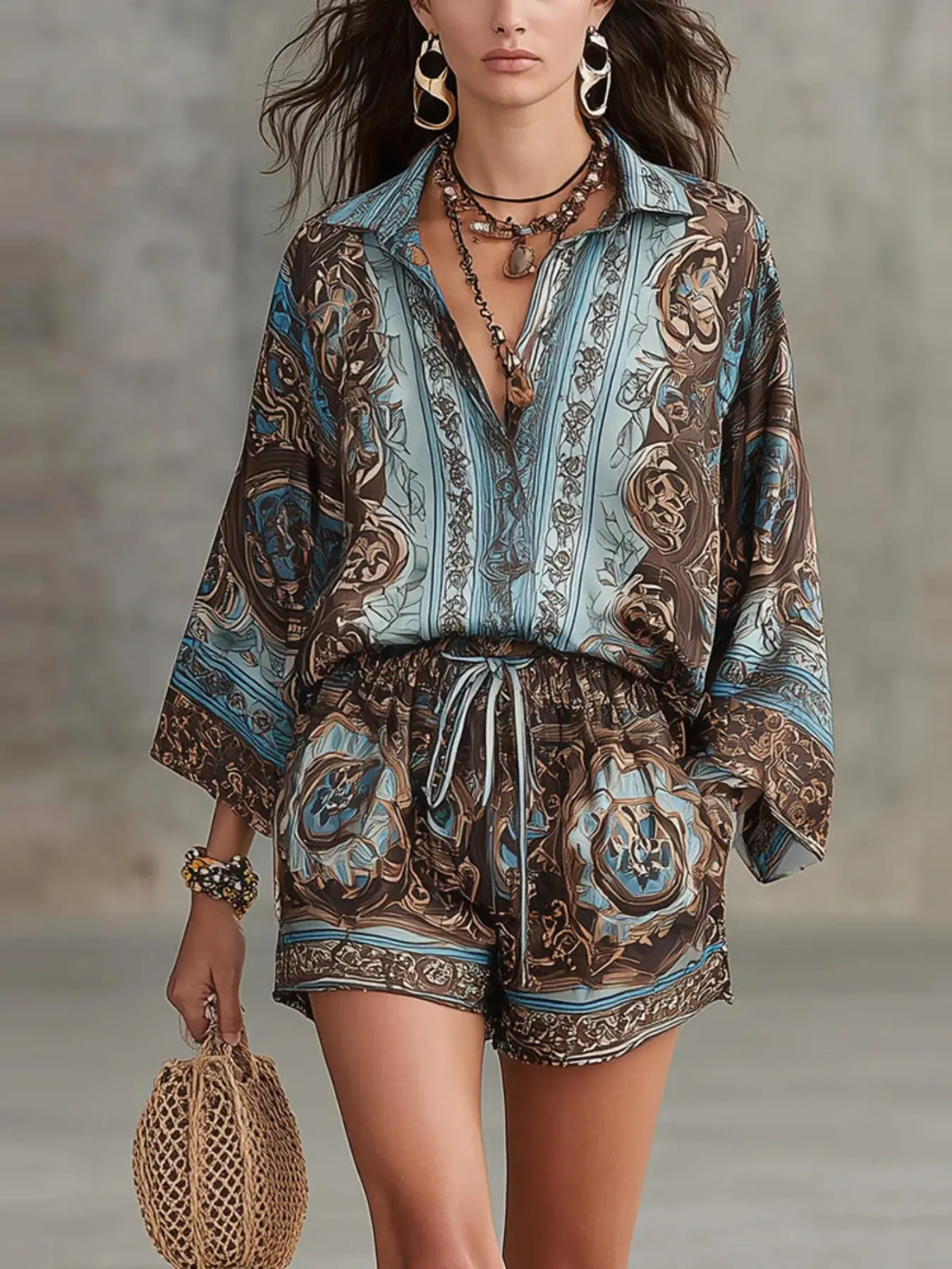 Women's Fashion Two-Piece Set, Bohemian Printed Long Sleeve Top with Pockets, Tie-Front Shorts, Casual Summer Fall, New Arrival