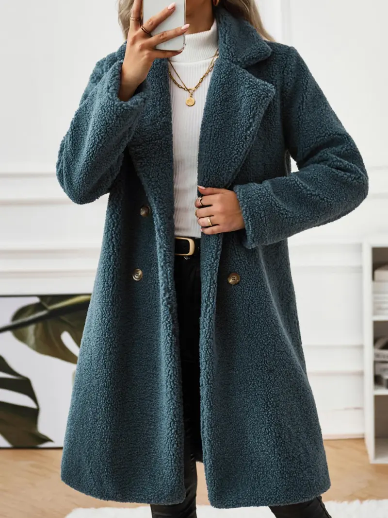 Product Introduction of Women's Solid Button Front Lapel Neck Fuzzy Coat, Casual Warm Long Sleeve Coat for Fall & Winter, Women's Clothing for Daily Wear 4