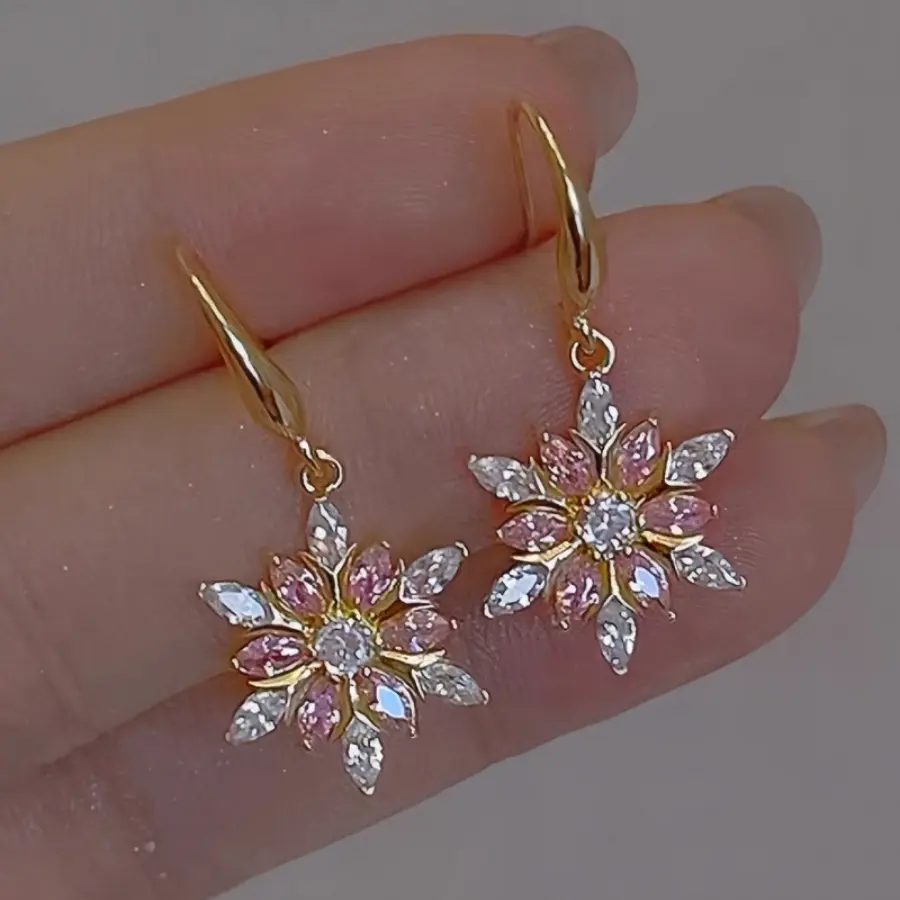 Women's Autumn-Winter Cute Christmas Pink Snowflake Dangle Earring Stack, Long Drop Earrings with Zircon Stones, Dainty Dangle Costume Jewelry accessories women