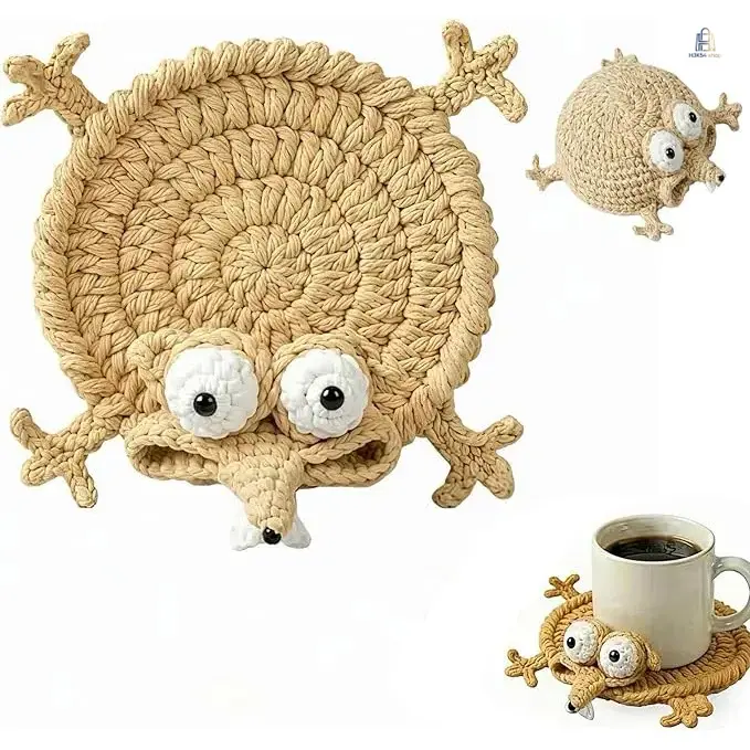 Crochet Cup Coaster |   Trending Handmade Squirrel Knit Coaster, 3D Cute Absorbent Heat Resistant Cup Holder, Aesthetic Table Decor for Home Coffee Bar & Office Desk, Creative Gift for Female Friends