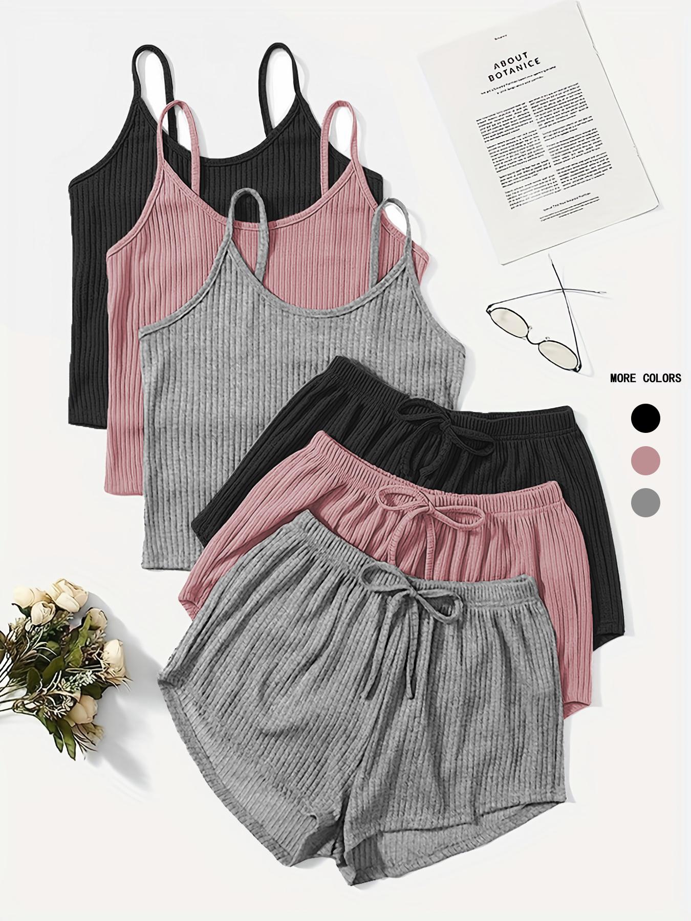 Six-Piece Set Women's Plain Basic Fitted Ribbed Shorts Set, Casual Soft Crop Spaghetti Strap Cami Top & Elastic Waist Shorts Set, Summer Clothes, Summer Outfits Set for Outdoor Holiday, Cute Summer Outfit