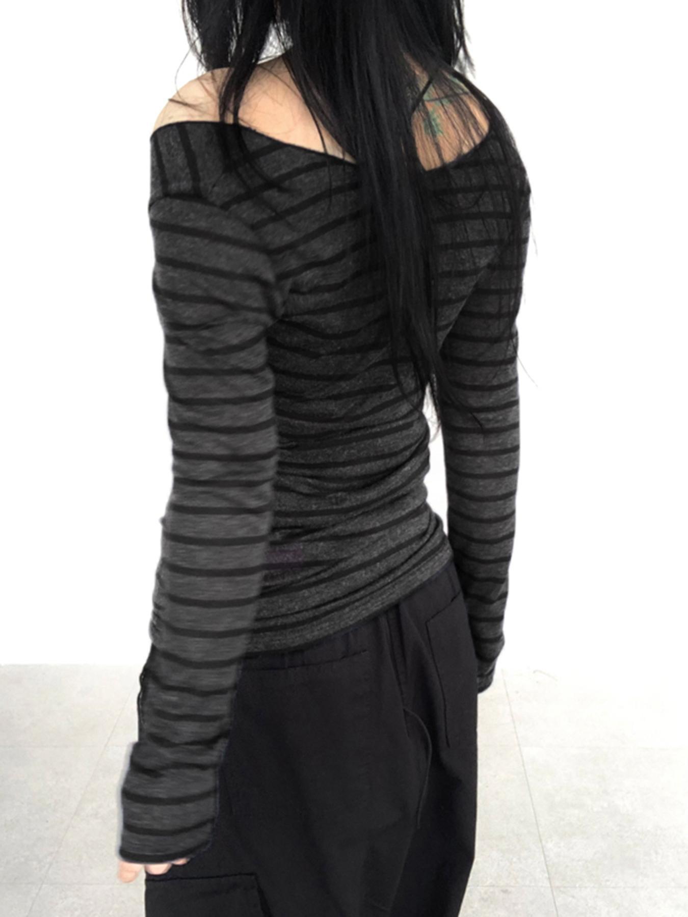 Women's Striped Print Off Shoulder Tee, Casual Chic Long Sleeve T-shirt Top for Daily Wear, Ladies Clothes for All Seasons