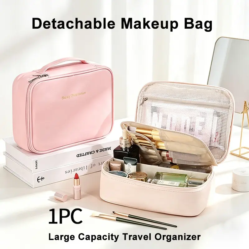Portable Detachable Makeup Bag with Clear Jewelry Box, Multi-Layer Organizer for Cosmetics & Brushes, Great Gift for Her