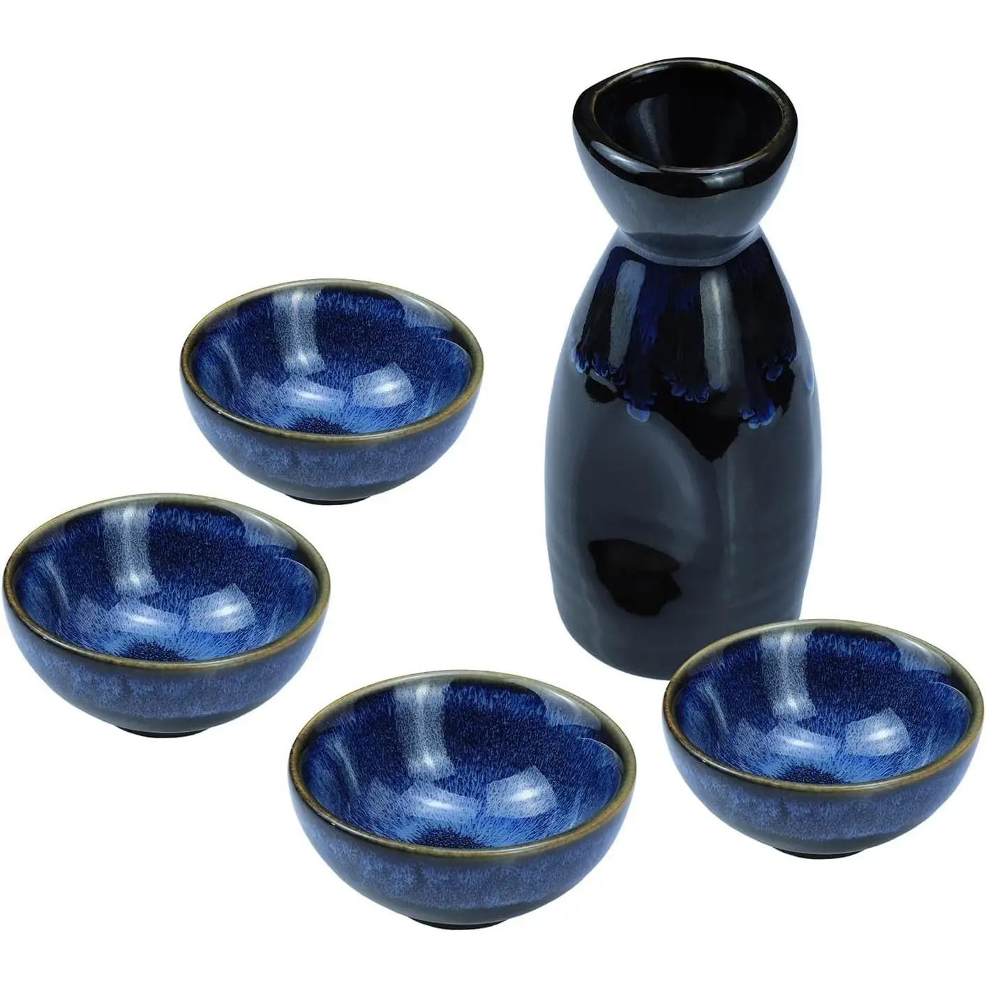 5-Piece Stoneware Porcelain Sake Set, Includes 1 Sake Bottle & 4 Sake Cups