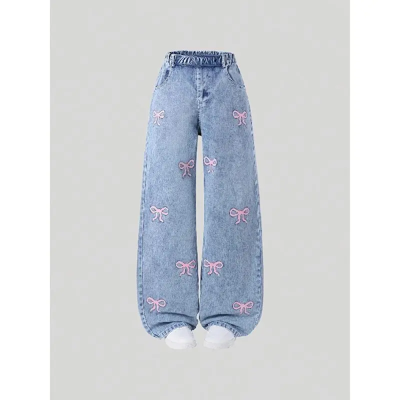Girls' Casual Printed Polyester Jeans, Regular Fit Washed Breathable Bottoms for Teens Ages 13 - 14 Years, Elastic Waist Jeans, Viscose, Casual Wear, All-Season, Bow Print, Regular Cut, Comfortable Breathable