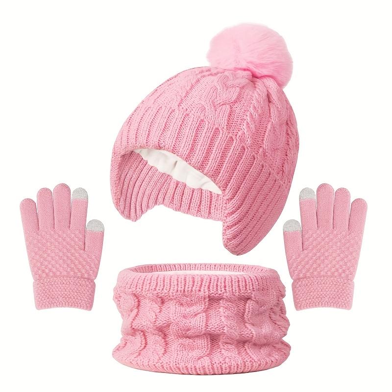 3pcs Winter Warm Hat, Gloves & Scarf Set - Soft Stretchable -like Ear Protection Outfit with Pink Bow-like Pom-Poms, Beige//Gray Color Options for Boys & Girls (Ages 3-8) - Hand Washable Cold Weather