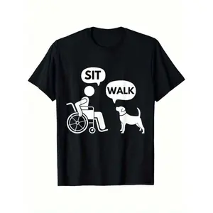 180gHumorous 'Sit& Walk' Men'S Wheelchair And Dog Pattern T-Shirt- 100% Cotton, Comfortable Fit, Crew Neck, Machine Washable- Suitable For Daily Wear And Travel- Sizes S To 5XL