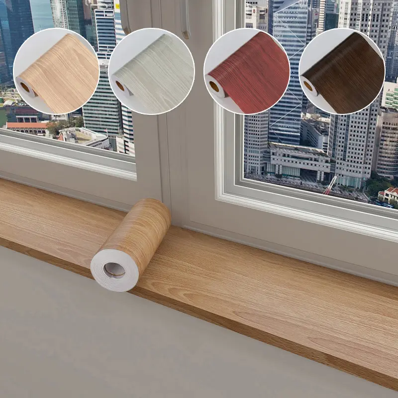 One 5-meter roll of vinyl wood grain wallpaper, removable self-adhesive wallpaper, suitable for door and window frames, wood grain borders and baseboards, tables, windowsills, chairs, etc., for home decoration. Repair tape can cover up imperfections