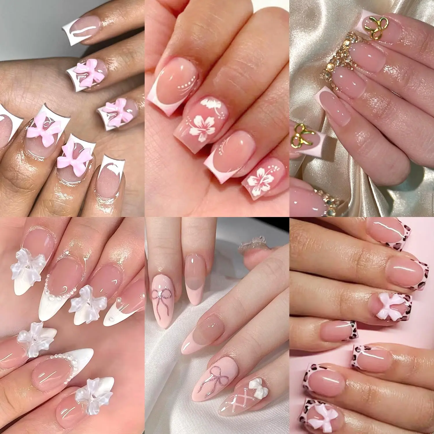 6 Packs 144 Pcs Reusable Press on/Stick on Nails, 12 Sizes 6 Styles Cute Bow Nails