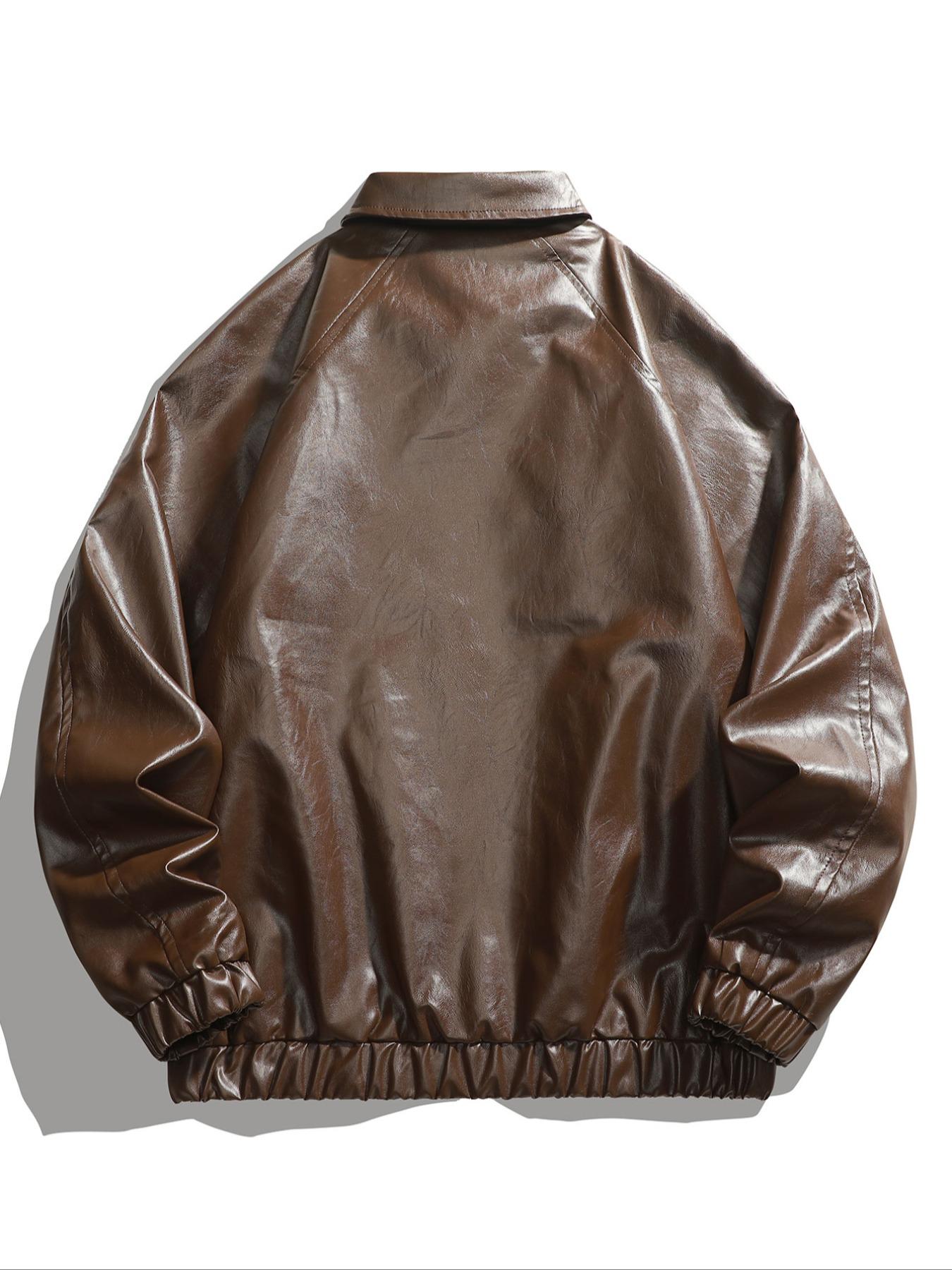 Men's Solid Color Pocket PU Leather Collared Jacket Coats, Regular Fit Casual Long Sleeve Zip Up Outerwear for Daily Wear, Men's Clothing for All Seasons