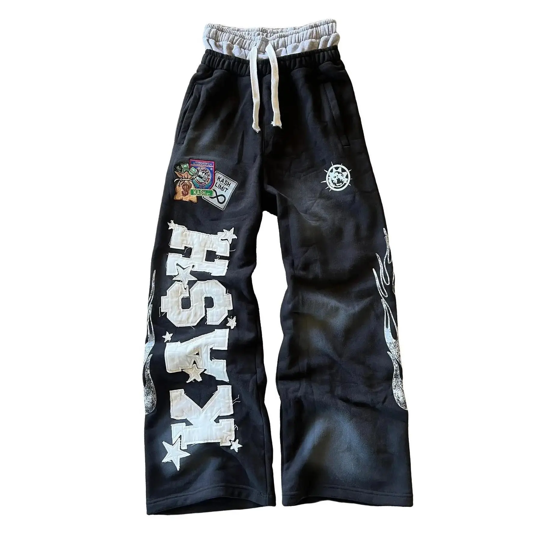 Men Y2K Gothic Letter Patch Sweatpants Double Layer Baggy Joggers Elastic Waist Retro Hip Hop Trousers