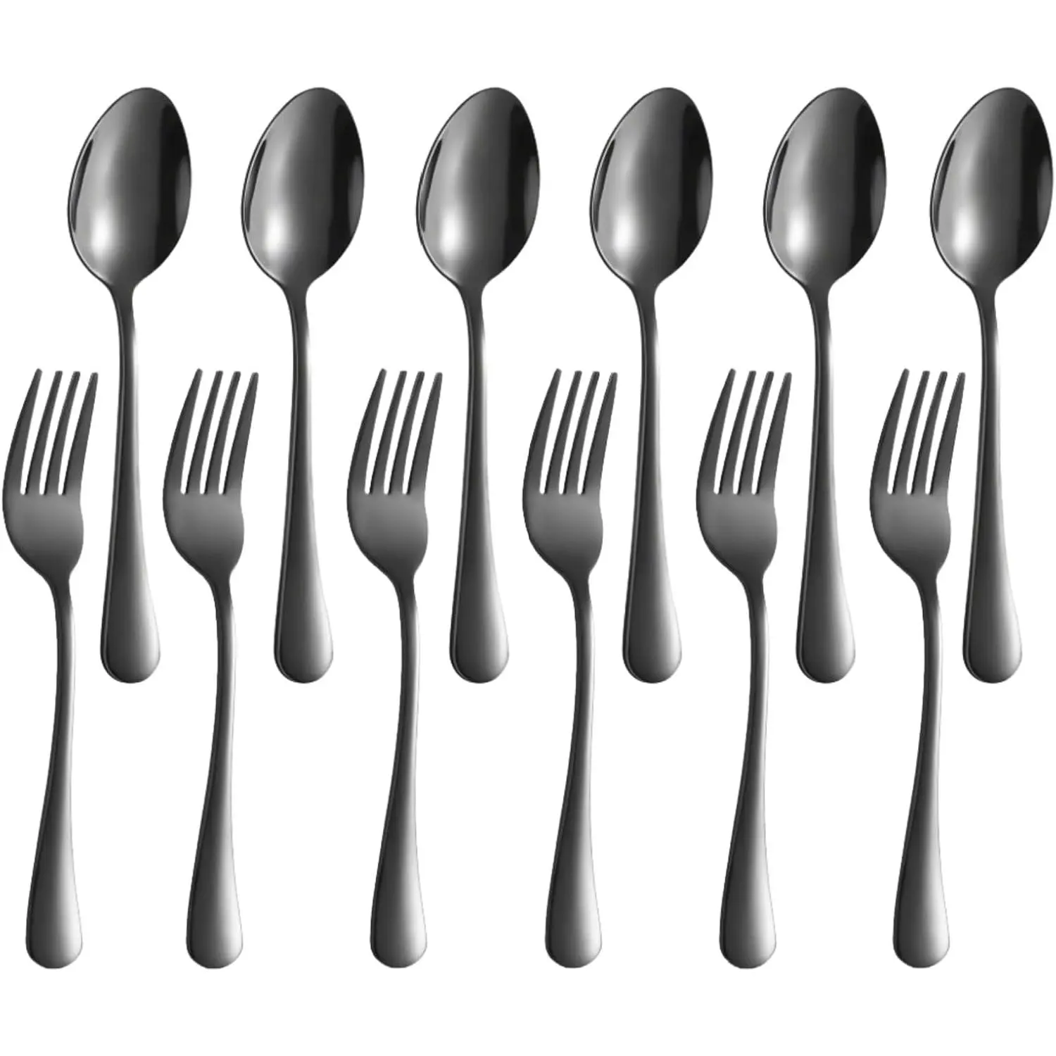 12 count Spoons and Forks Set, Grade Stainless Steel Flatware Cutlery Set,6 Forks(6.8 inch)and 6 Spoons(6.6inch)Silverware Set for ,Kitchen,Restaurant-Mirror Polished & Dishwasher Safe(Black)