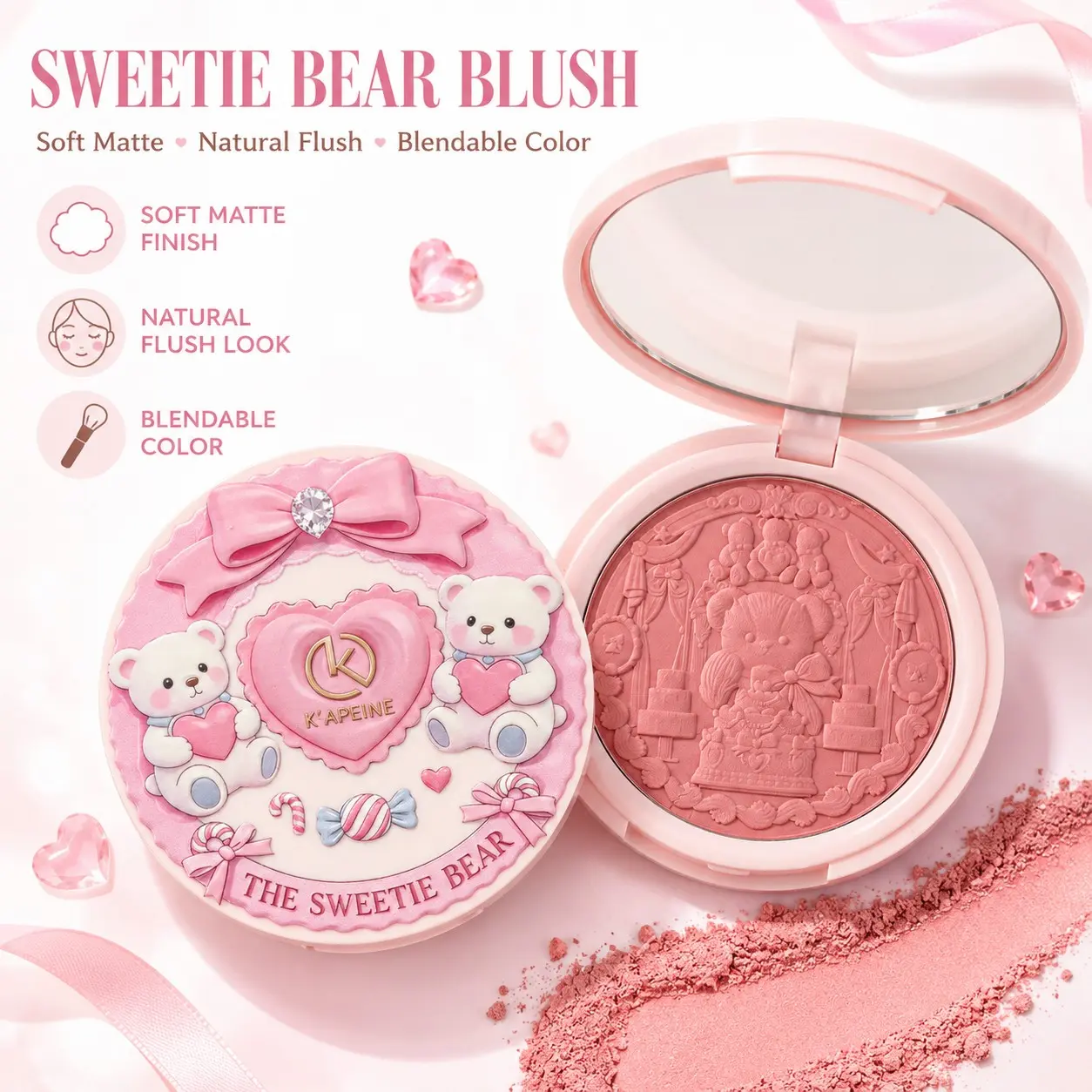 Cute Bear Texture Blush, Matte Nude Peach Cheek Blush, with Mirror, Portable Long-Lasting, Sweet Daily Makeup, Single Item