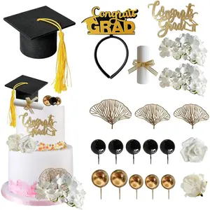 Graduation Cake Topper, 21 Pcs Graduation Cake Decorations with Flowers, Balls, Ginkgo Leaves and Diploma Scroll for Graduation Party Cake & Class of 2026 Decorations