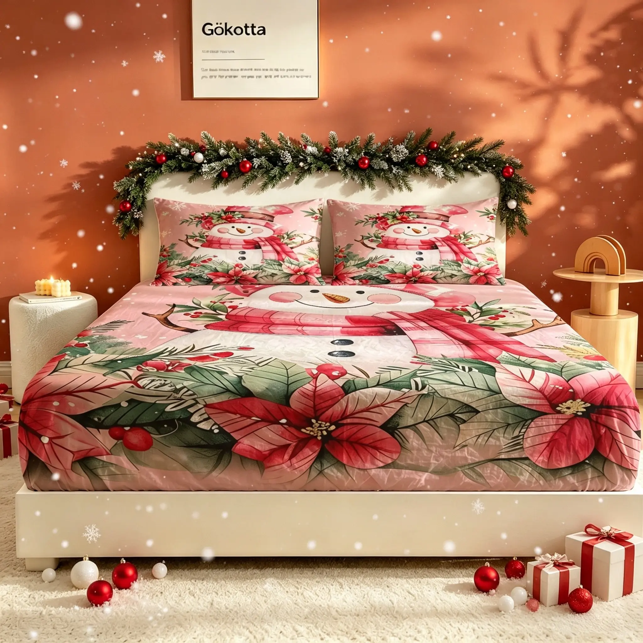 3Pcs Christmas Snowman Printed Fitted Sheet Set, Soft Bedding Set No Fillers, Decorative Bed Sheet Set for Bedroom, Machine Washable, Creates Cozy Warm Holiday Atmosphere, Ideal Winter Christmas Home Bedroom Decor for Family Use
