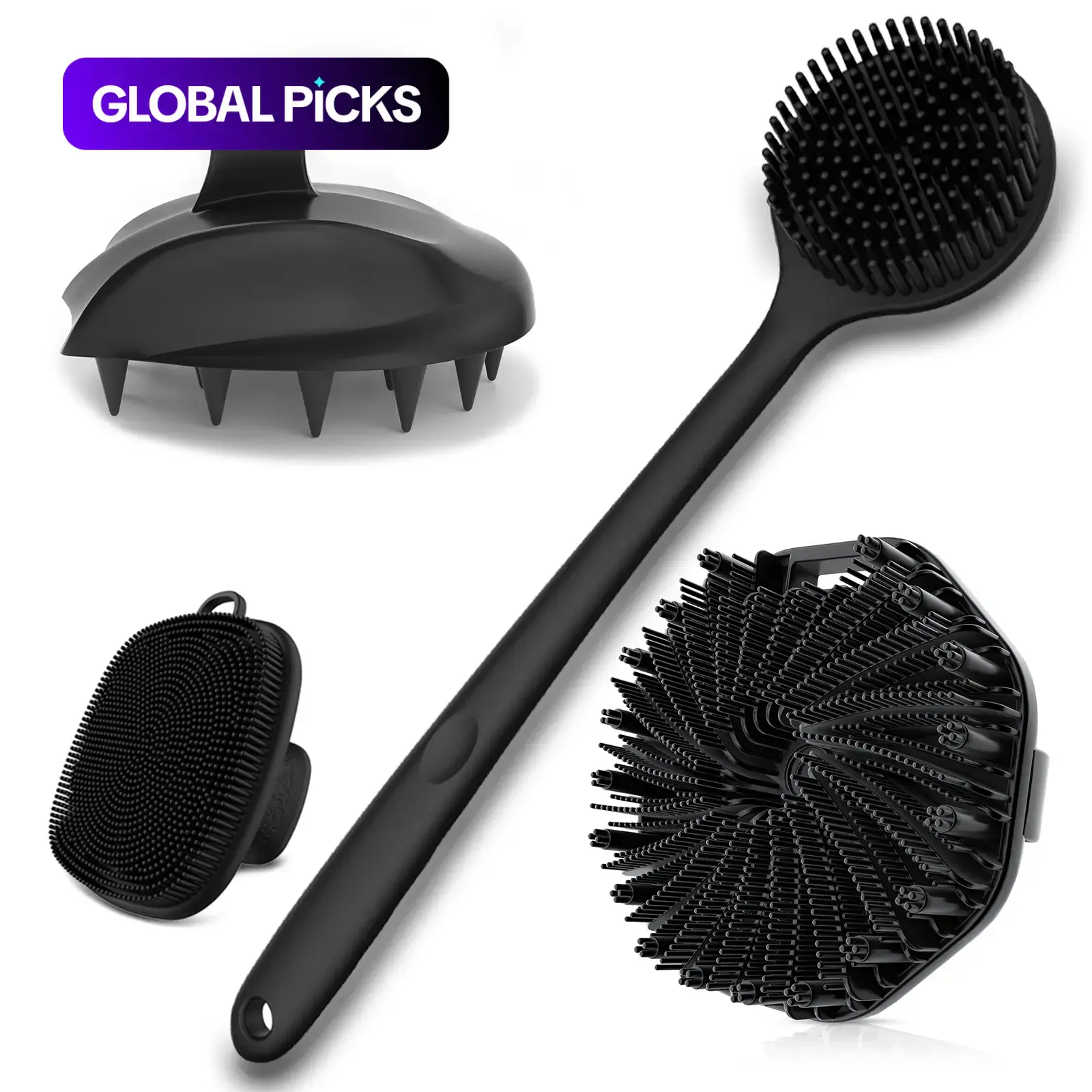 Silicone Body Care Brush Set, 4 Counts Long-Handle Back & Face Brushes, Bath Brush, Body Brush for Showering, Hairbrush & Body Back Scrubber, Professional Skincare Tools for Home & Travel Use, Shower Brush Exfoliating Tool