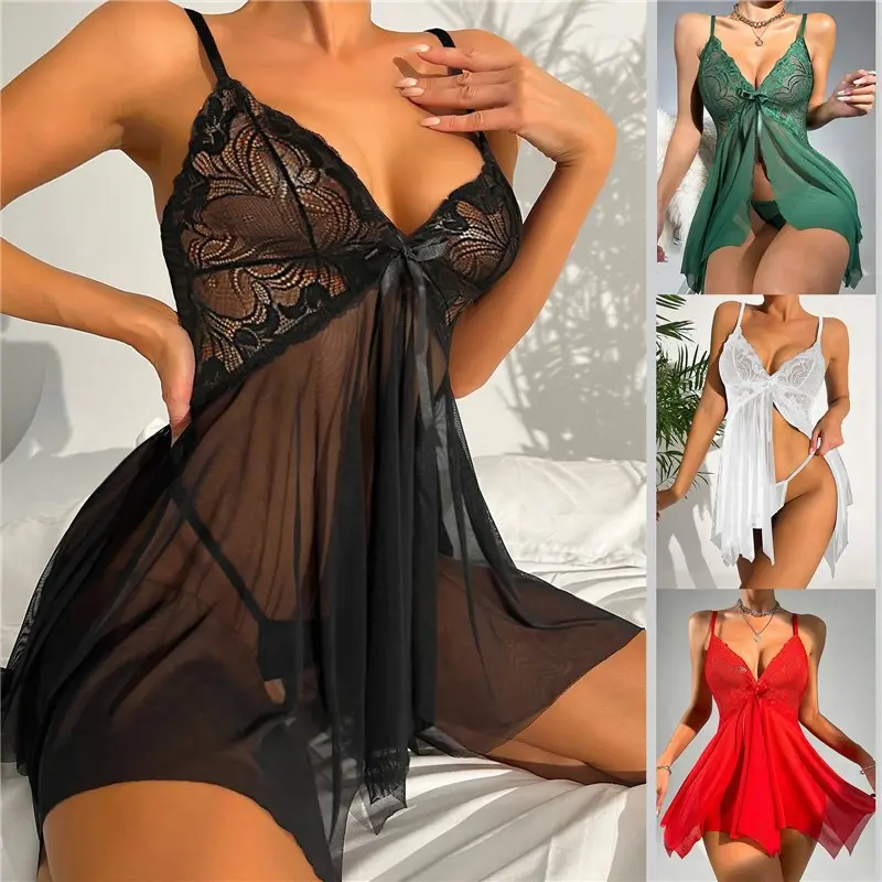 Women's Floral Lace Babydoll Lingerie Set - Deep V Sheer Mesh Nightwear with Irregular Hem, Matching Thong, Plain Loungewear, Sleeveless, Women's Clothes, Female, Sexy, Casual, Chic, Asymmetrical, Cute, Minimalist