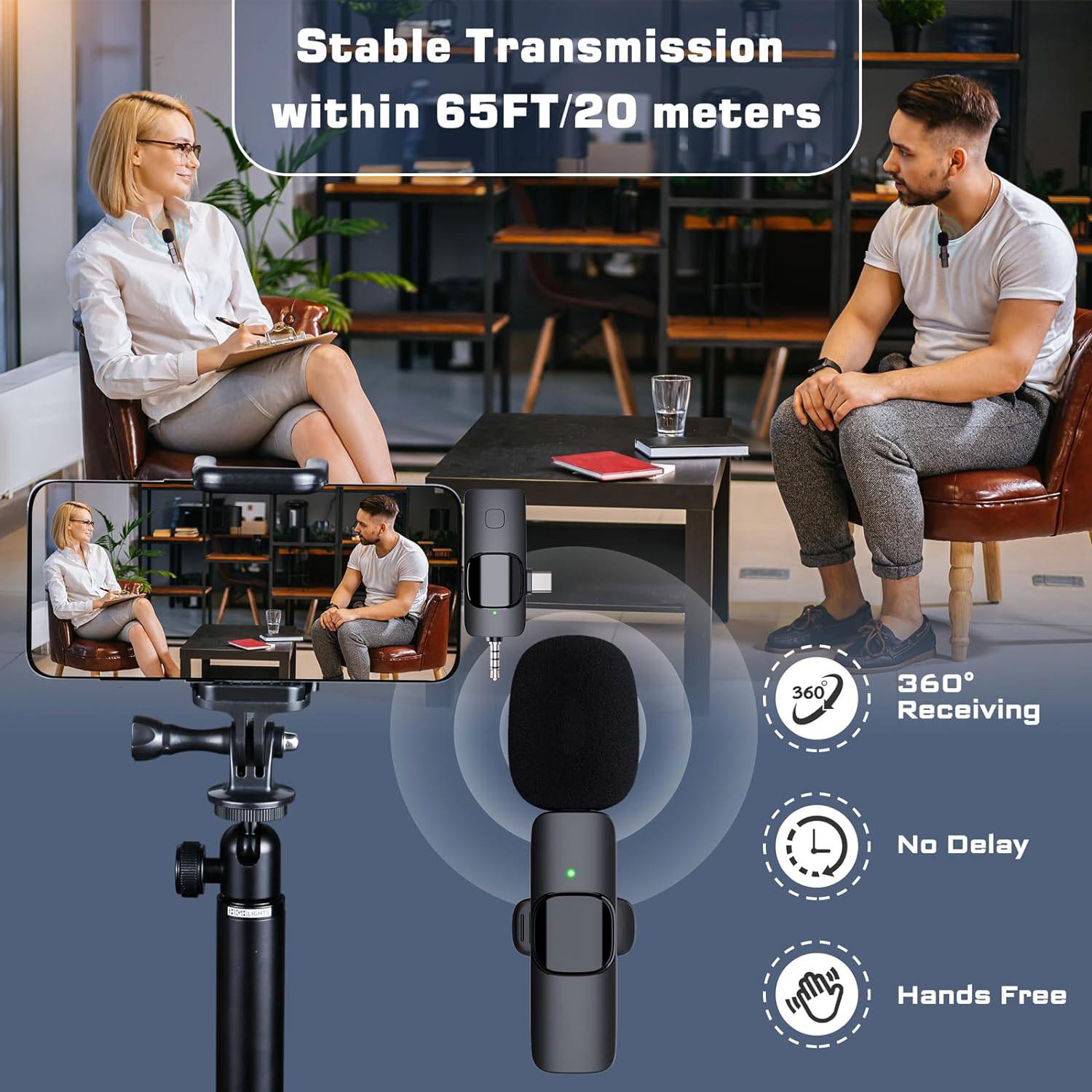 4 in 1 Wireless Lavalier Microphone, USB Rechargeable Wireless Microphone, Professional Wireless Lavalier Lapel Microphone for iPhone Android Phone, USB Streaming Mic