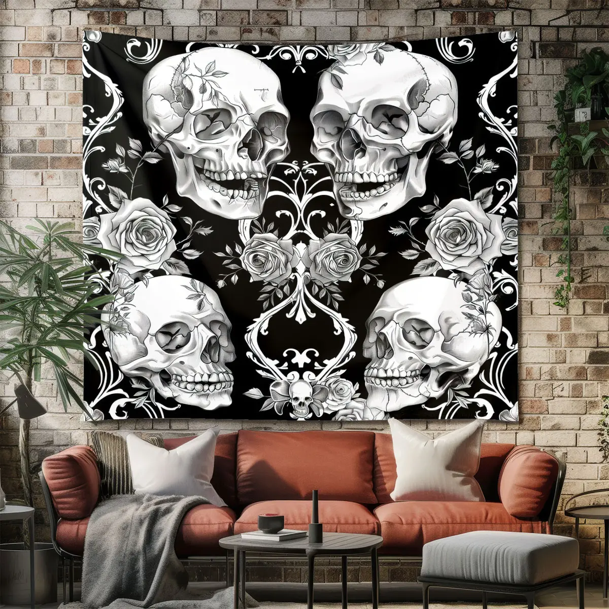 Black White Skull Rose Tapestry Gothic Floral Wall Hanging Dark Academia Bedroom Decor