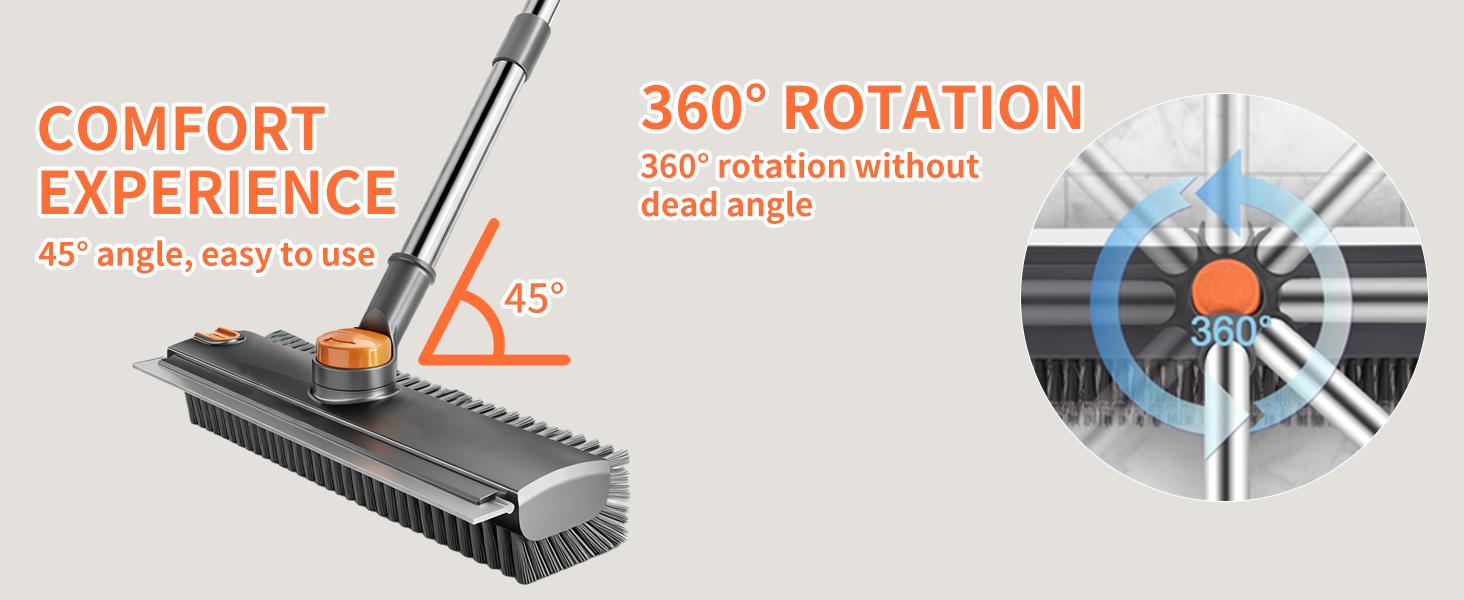 3 in 1 Floor Scrub Brush,Floor Scrubber with Squeegee and Tweezer, Push Broom with Long Handle,Heavy-Duty Stiff 90 °   Bristle Broom for Patio,Shower, Garage,Deck,Tile, Concrete & Wood Surface