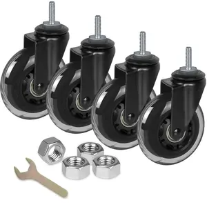 3 Inch Rubber Caster Wheels Heavy Duty with 5/16"-18 x 1 Threaded Stem Casters Set of 4 (Screw Diameter 5/16", Length 1"), Quiet and Smooth Rolling Castors for Furniture Hardwood Floors
