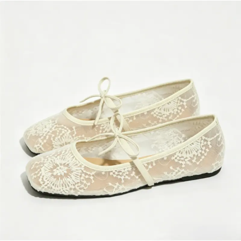 Women's Soft Breathable Floral Embroidered Mesh Flat Footwear - Bow-Accent T-Strap, Square Toe Lace Walking Shoes with Flat Design for Spring & Summer Casual Outfits, Rubber, Wedding, Dating