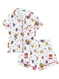 Women's Vintage Cartoon Rainbow Girl Print Pajama Set, Short Sleeve Slim-Fit Casual Sleepwear, Spring & Fall Home Wear