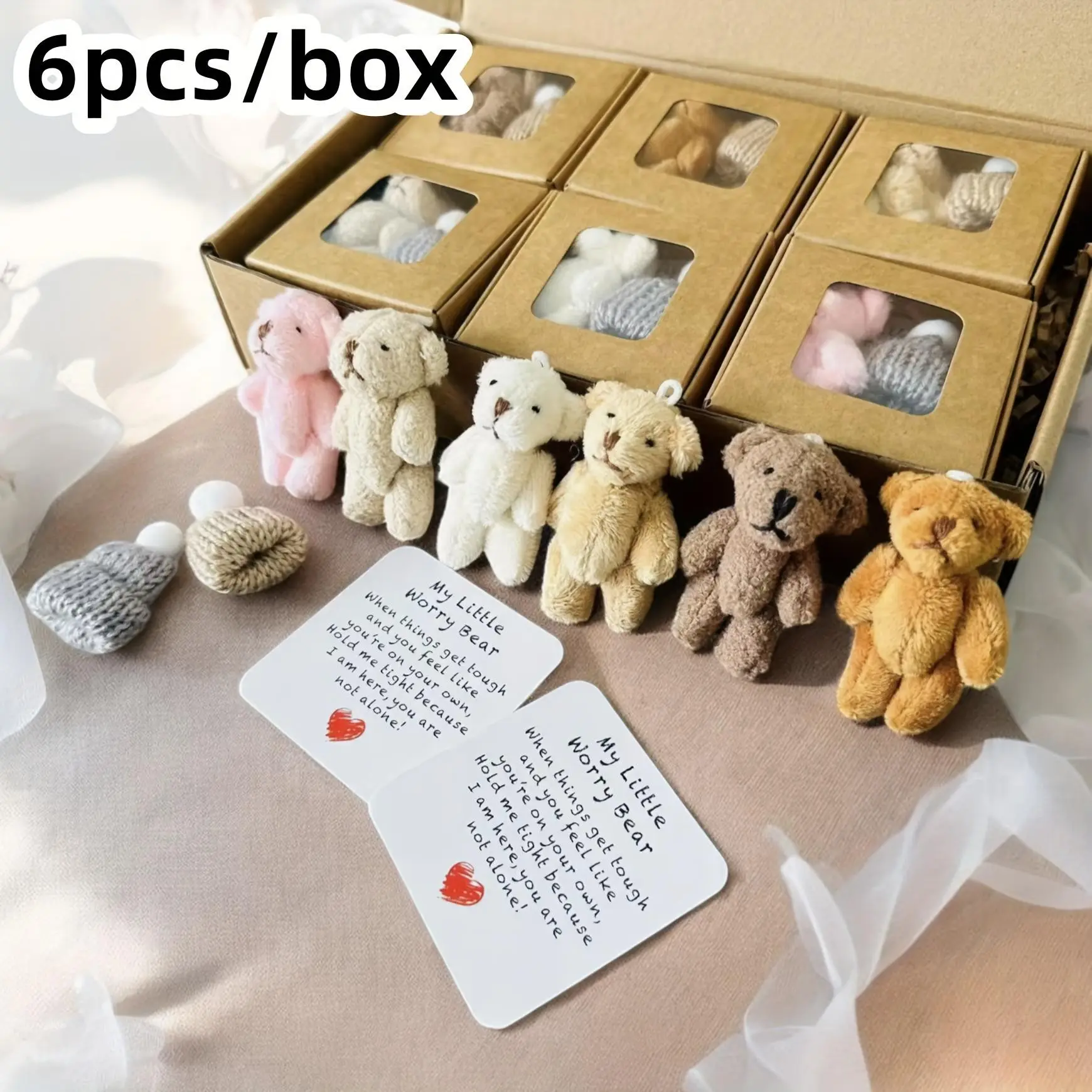 6pcs Bear Hug Love Reminder Plush Teddy Bears, Mini Stuffed Toy with Movable Arms & Legs, Poseable Soft Bear Set, Sweet Gift for Couples