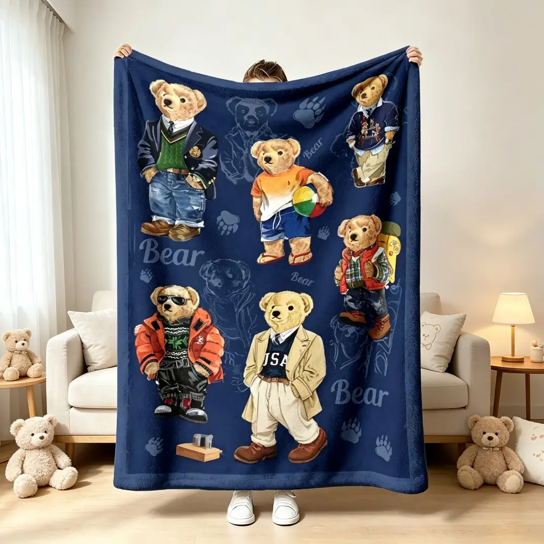 Teddy Bear Themed Flannel Throw Blanket, Soft Warm Printed Bear Claw Print Blanket, Skin Friendly Lightweight Cozy Fleece Blanket for Adults & Kids, Multifunctional Animal Theme Throw for Sofa Bedroom Travel Outdoor Gift
