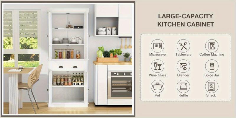 Modern Freestanding Pantry Cabinet with Wide Shelves & Enclosed Doors, Tall Storage Cupboard for Kitchenware, Snacks & Household Items