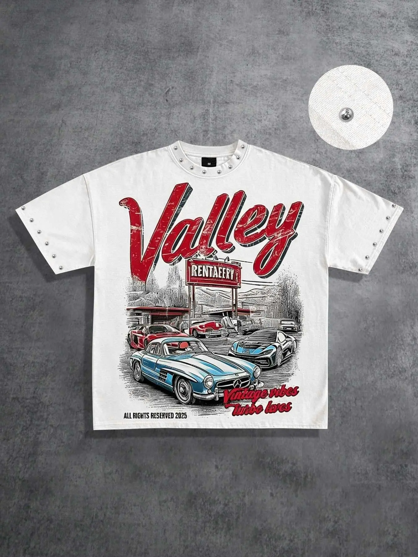 Valley American Retro Sports Car Cotton T-Shirt Short Sleeve, Street Style Trendy Men's Short Sleeve, VALLEY Short Sleeve Car Retro Poster Print Distressed Shirt Summer Clothes Metal Rivet Shirt Short Sleeve Men's Vacation Style