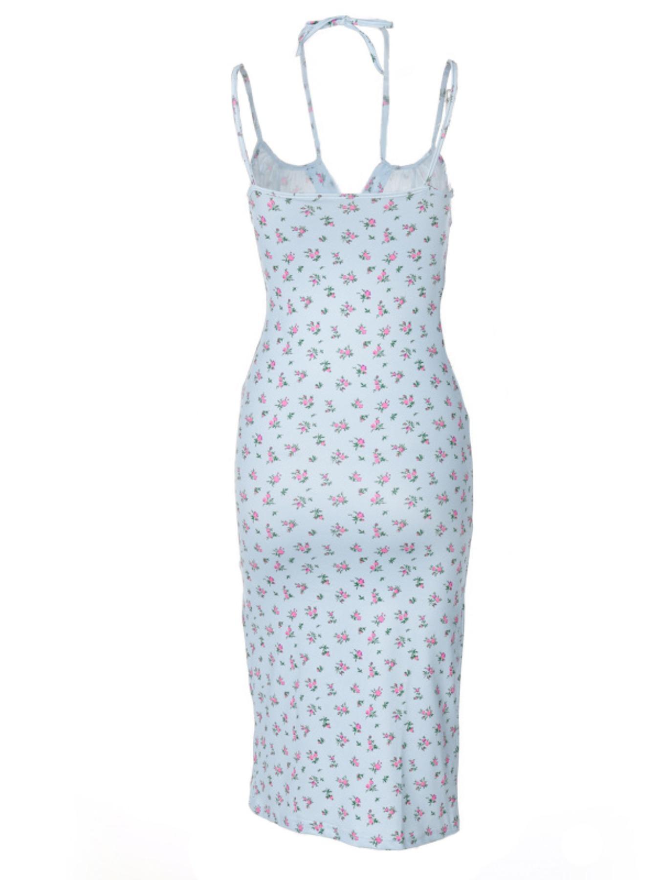 Women's Ditsy Floral Print Split Thigh Cami Dress, Boho Ruched Spaghetti Strap Midi Dress for Beach Holiday Vacation, Ladies Summer Clothes, Bodycon Fit Dress, Floral Pattern Dress, Boho Fashion Dress